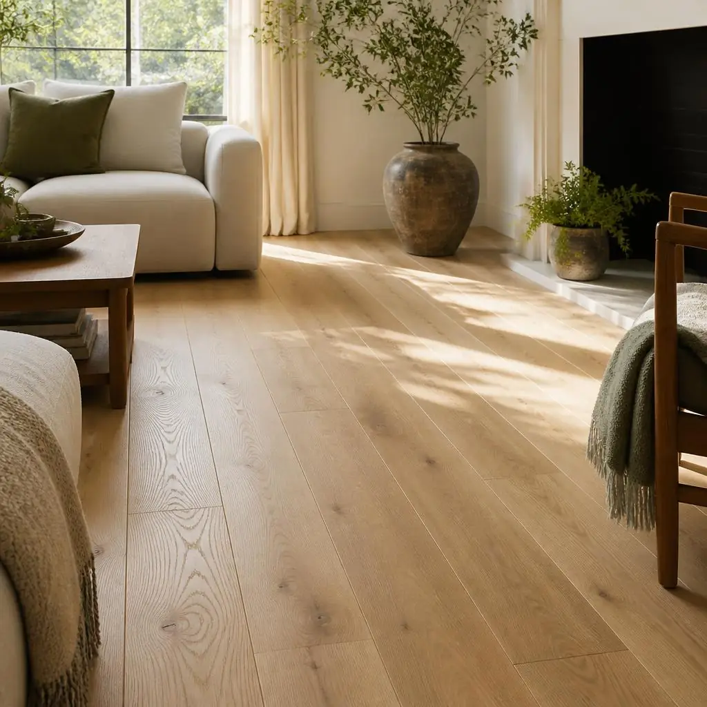 Natural oak flooring alongside calm, neutral home furnishings