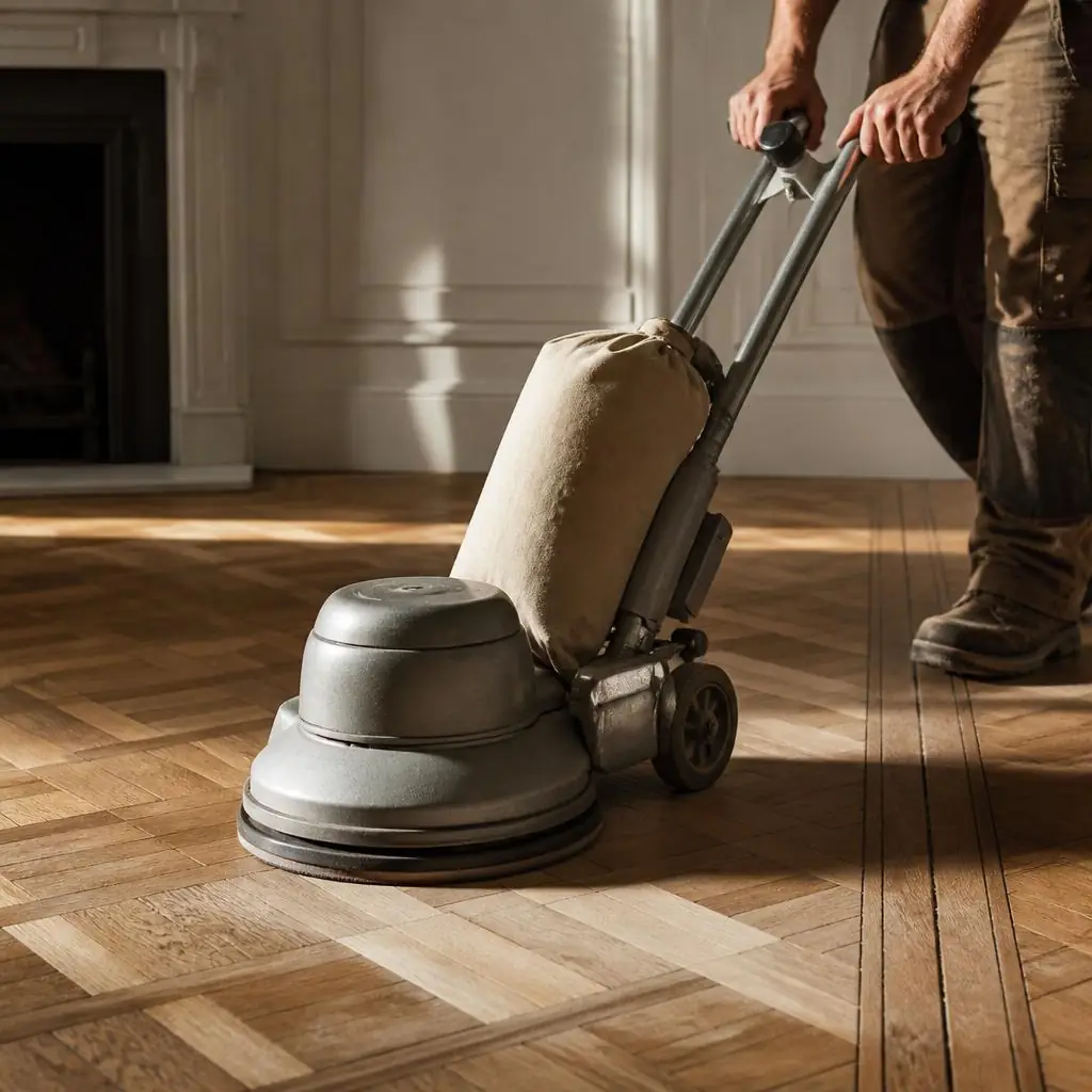 Hardwood floor surface being prepared for refinishing