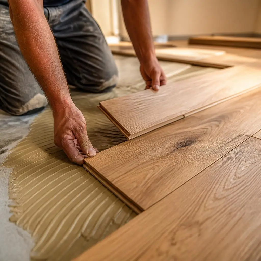 Natural hardwood boards being installed with care