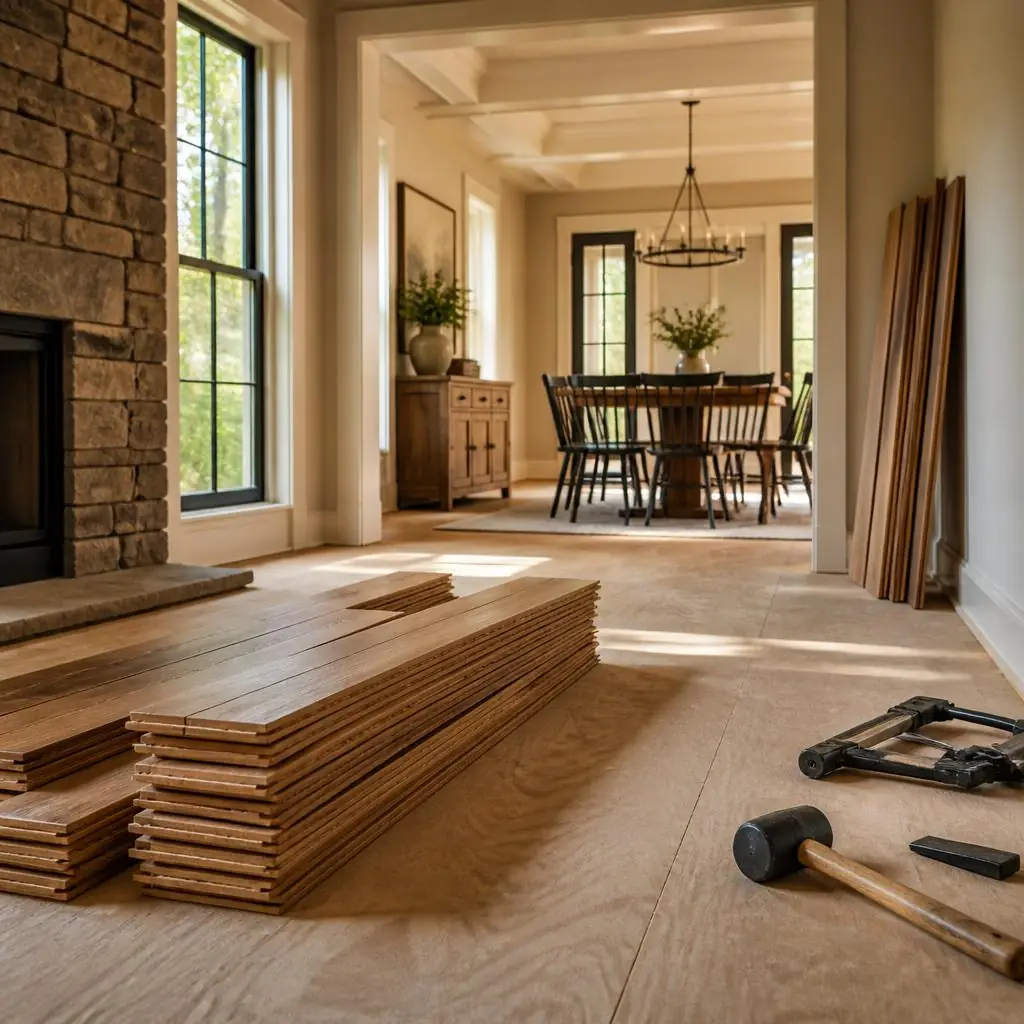 Floorboards and careful preparation for a home flooring installation