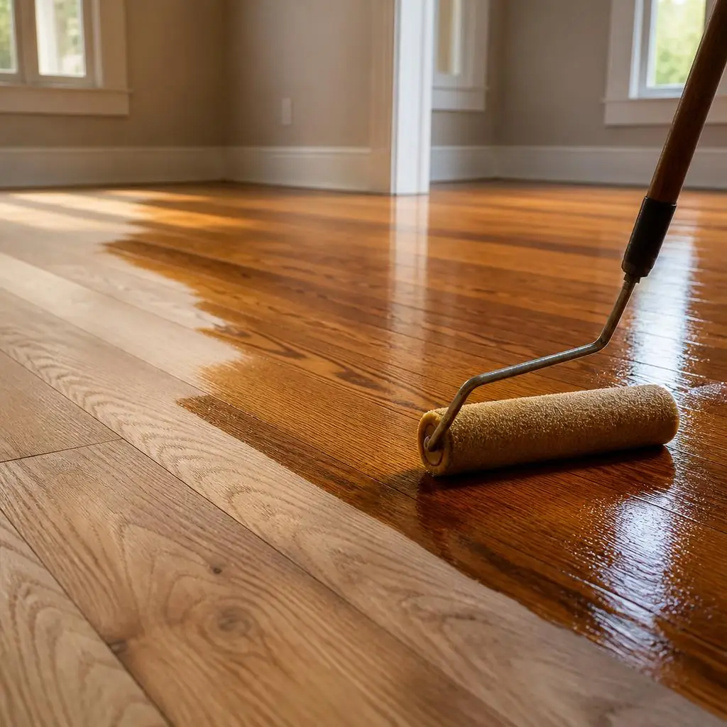 A hardwood floor receiving a fresh finish during refinishing