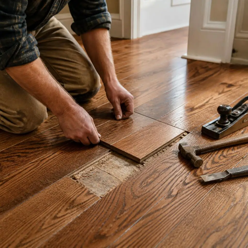 Close detail of a hardwood floorboard being carefully repaired