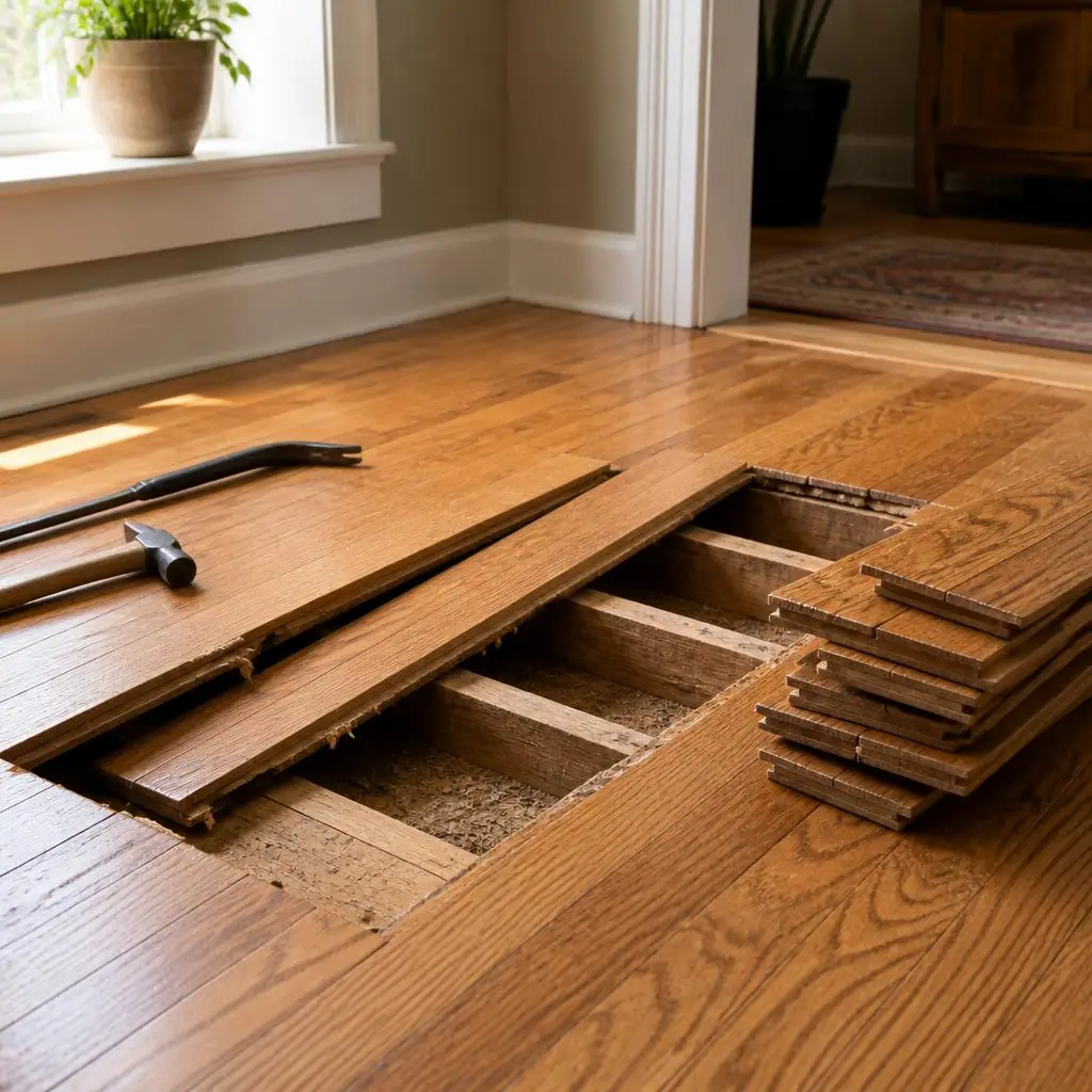 Floor boards prepared for replacement in a residential room