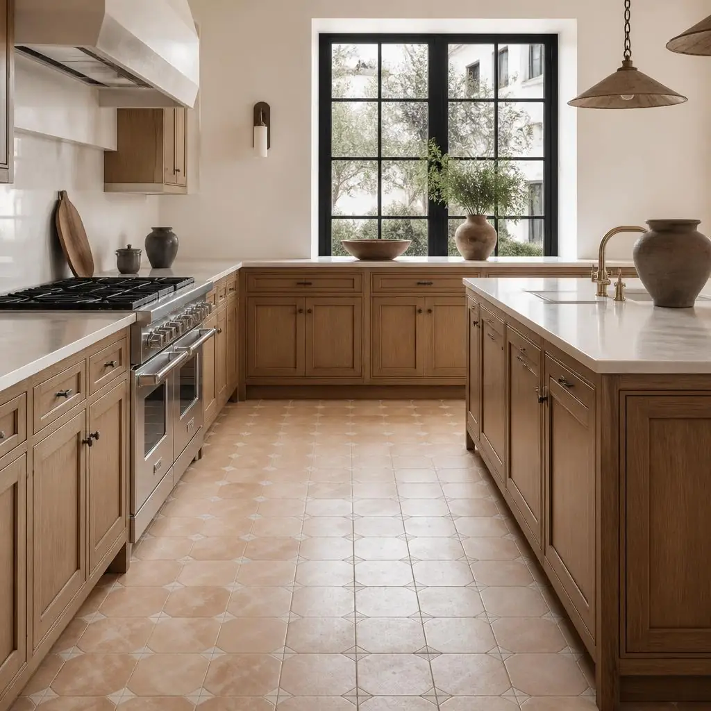 Warm ivory tile floor in a bright interior